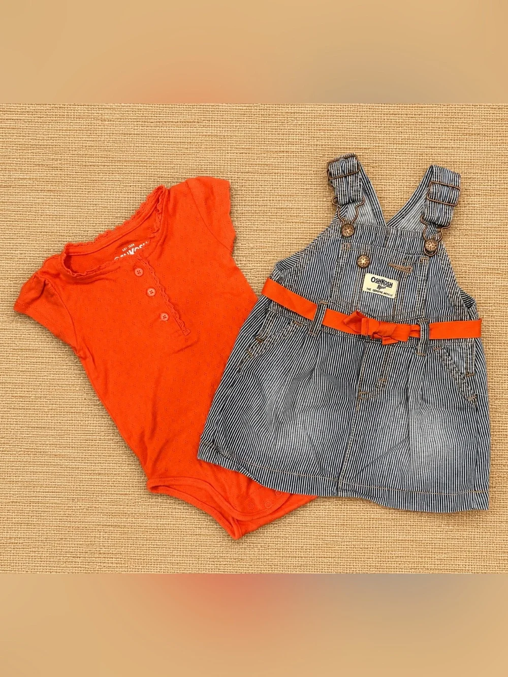 OshKosh B'gosh Railroad Stripe Jumper Dress with Orange Onesie Set Girl 9 Months